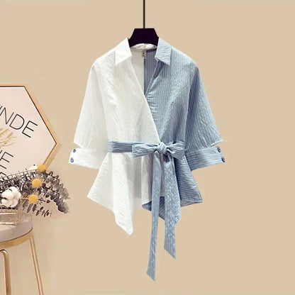 Women's Summer New Casual Spliced Half Sleeved Shirt+Sexy Split Denim Skirt Two Piece French Vintage Cardigan+Dress Matching Set