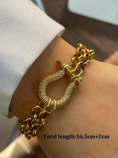 1PC Luxury Gold& Silver Horseshoe Bracelet, Chunky, Stainless Steel Bracelet