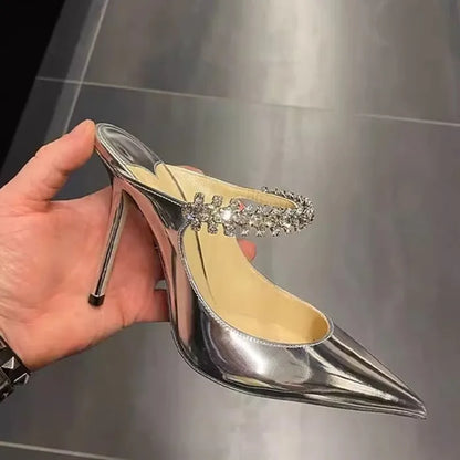 2025 New Fashionable Fine Heeled Muller Shoes with Pointed Water Diamond Chain Banquet