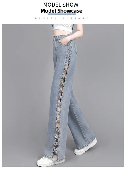 Hollow Wide Leg Jeans Casual Design Slimming High Waist