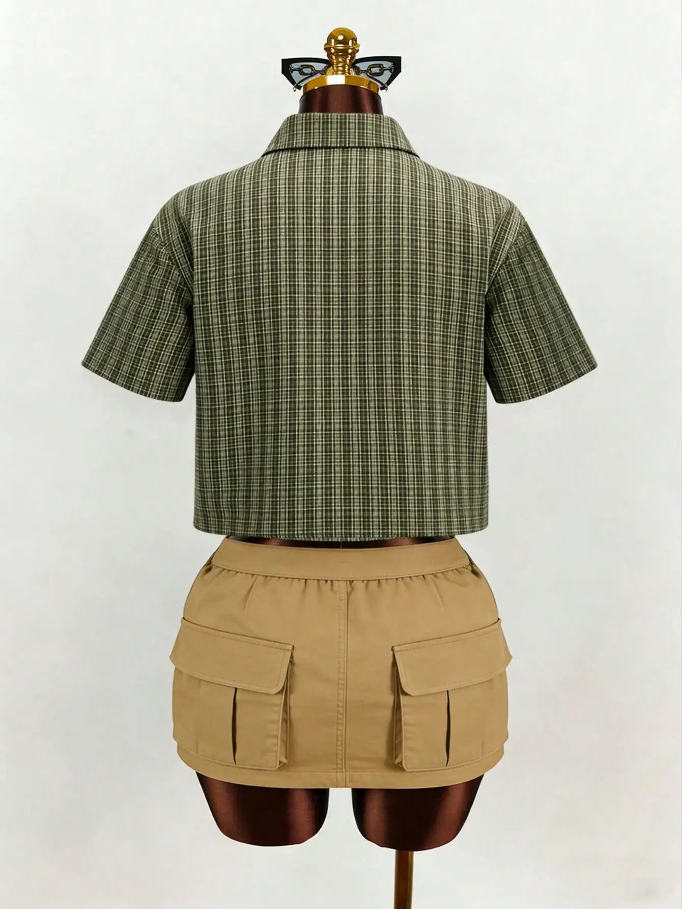 Olive Green Plaid Cropped Shirt with Graphic Print and Slogan