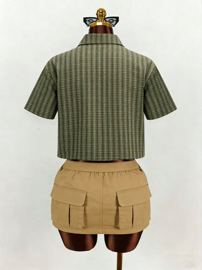 Olive Green Plaid Cropped Shirt with Graphic Print and Slogan