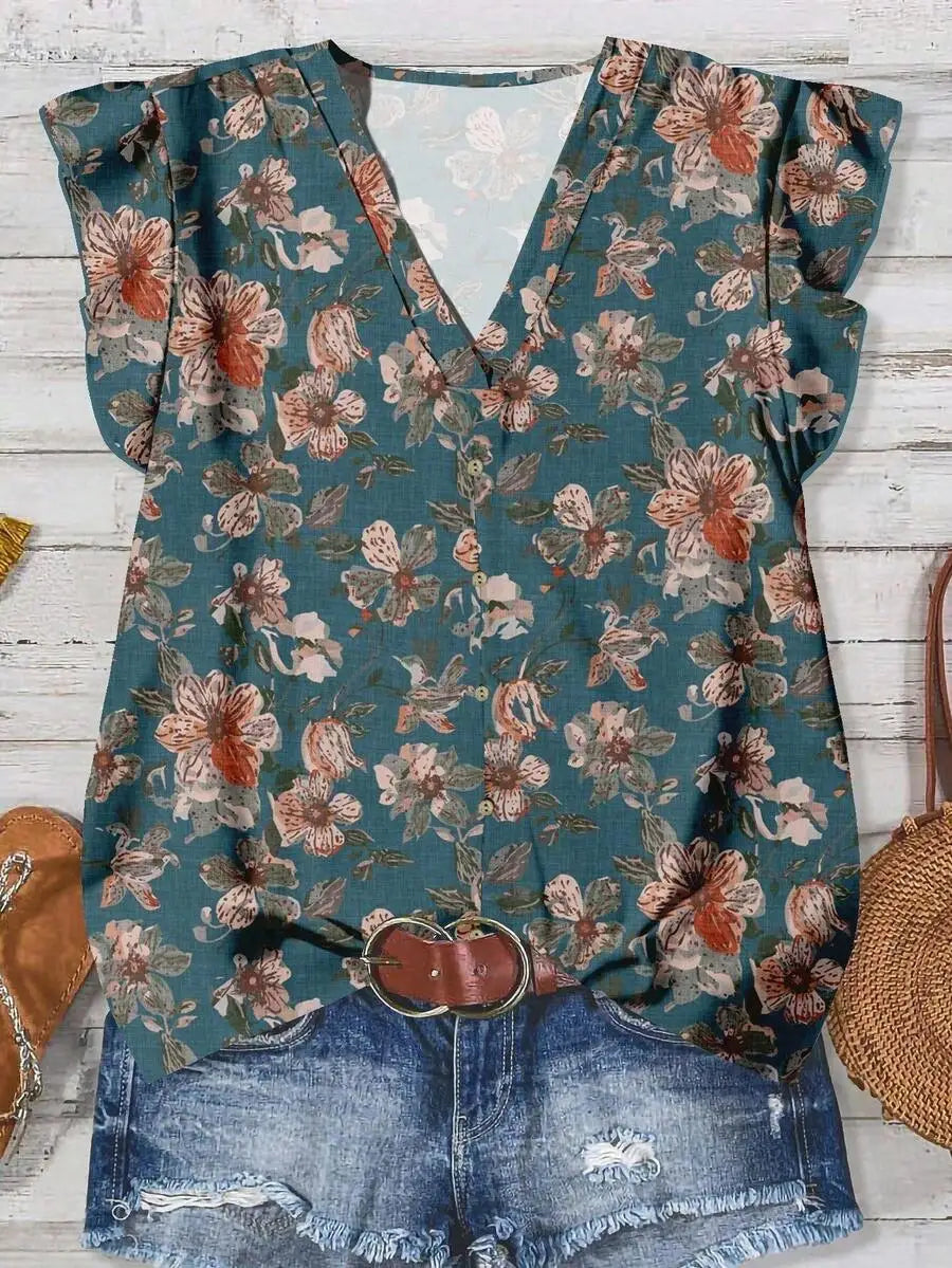 Women's V-Neck Floral Print Button-Up Blouse, Loose Fit, Lightweight