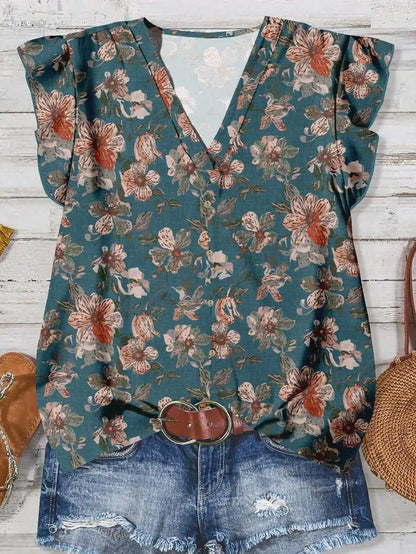 Women's V-Neck Floral Print Button-Up Blouse, Loose Fit, Lightweight