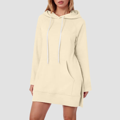 Women Solid Color Hoodie Dress Casual Loose Pullover Long Sleeve Drawstring Mid Dress with Side Slit