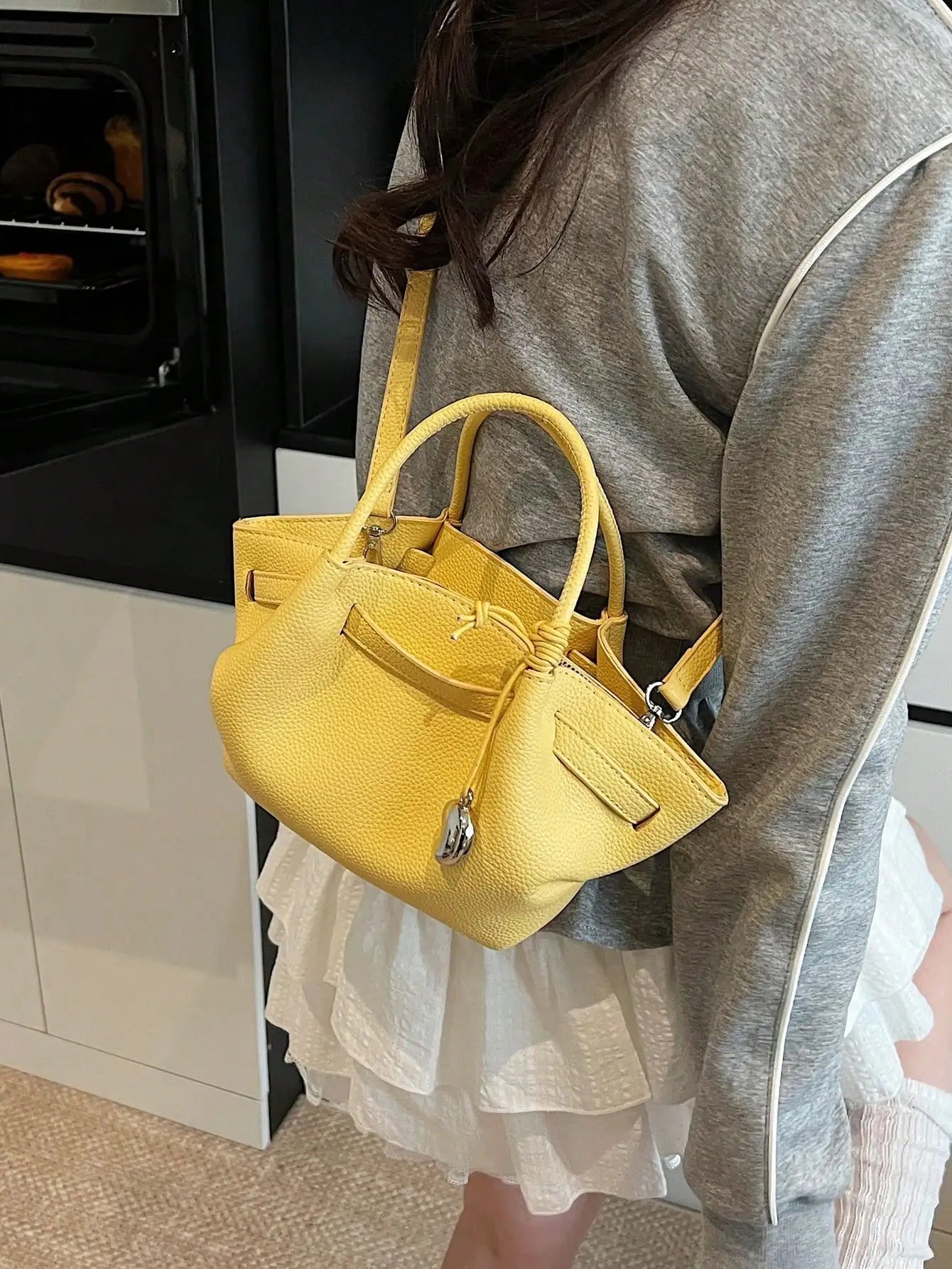 Bright Yellow Textured Leather Top-Handle Tote Bag, Large Capacity Casual Shoulder Crossbody