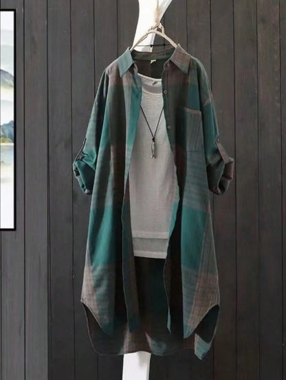 Plus Size Casual Retro Midi Women's Striped Plaid Loose Long Sleeve