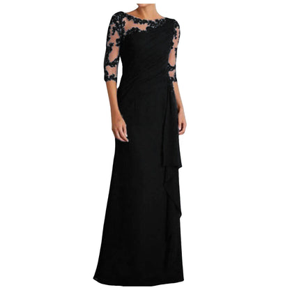 Women Elegant Lace Long Dress Sexy See Through Round Neck Mid Sleeve Dress Solid Color