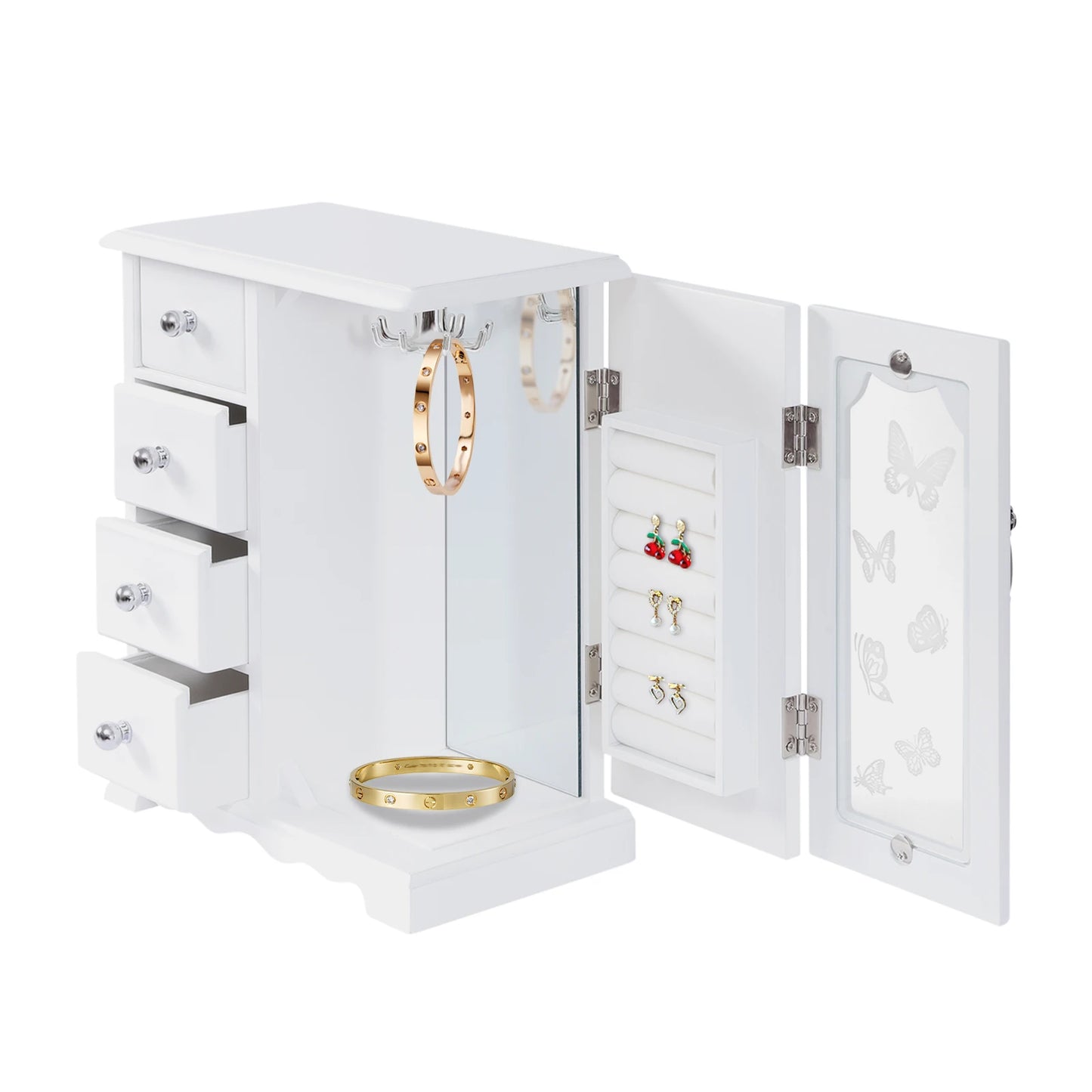 Jewelry Box with 4 Drawers Organizer and Built-in Necklace Carousel and Large Mirror, Jewelry Storage Box White