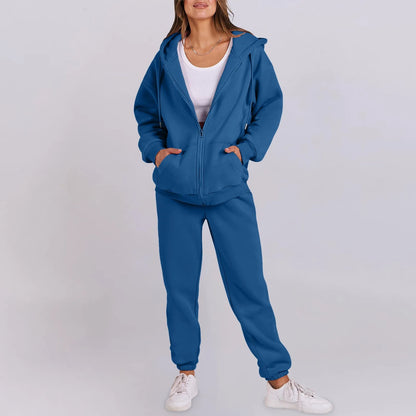 Women Long Sleeve Solid Color Hooded Sweatshirt and Pant