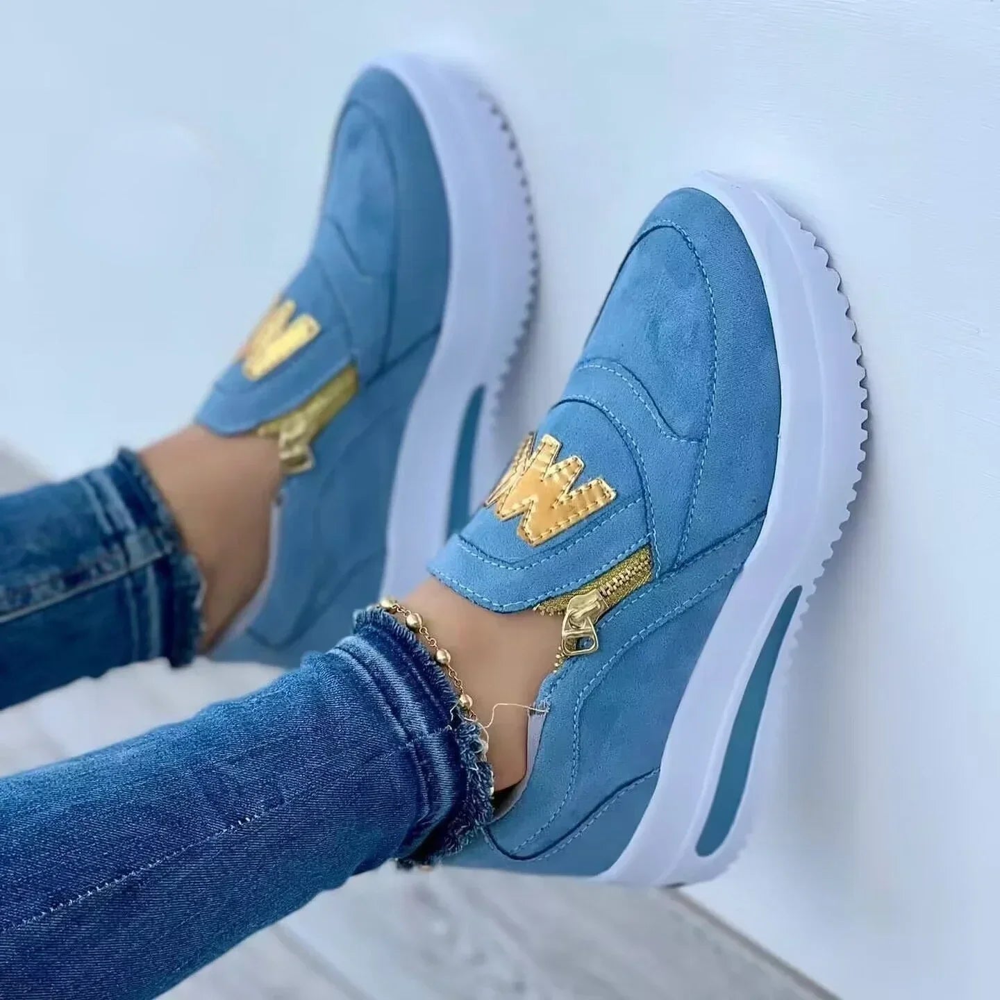 Women Autumn Sneakers Casual Double M Printed Side Zipper Platform Shoes
