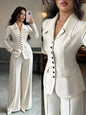 Cream Solid Color Tailored Blazer & Wide Leg Pants 2-Piece Set, V-Neck, Contrast Buttons,