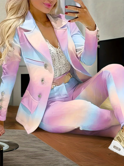 Multicolored pant set, double breasted lapel long sleeved suit jacket and pants