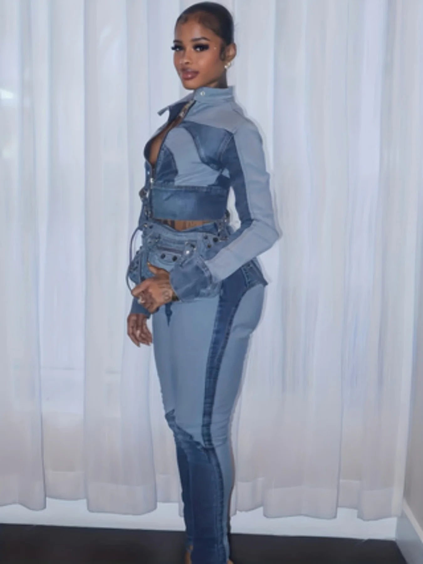 Denim Two-Piece Set, High Elasticity Fabric, Slim Fit Design, Features a Mock Lapel Top and Tailored Pants