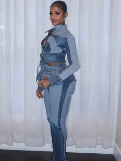 Denim Two-Piece Set, High Elasticity Fabric, Slim Fit Design, Features a Mock Lapel Top and Tailored Pants