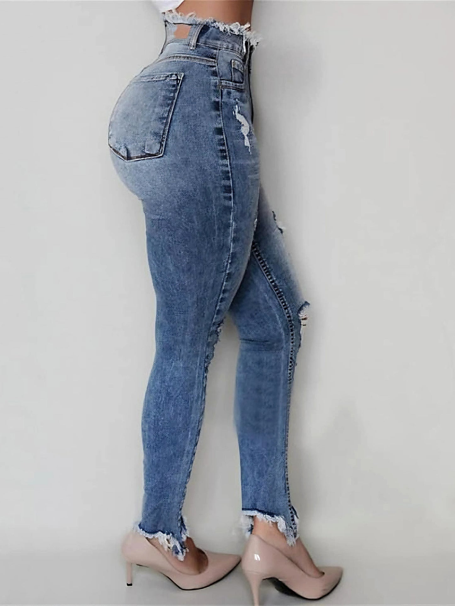 Women's high waisted fringed ripped jeans with irregular edges, slim fit and tight fitting style