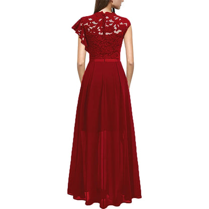 Elegant Women Sleeveless Long Evening Dress With Belt Slit Ruffles