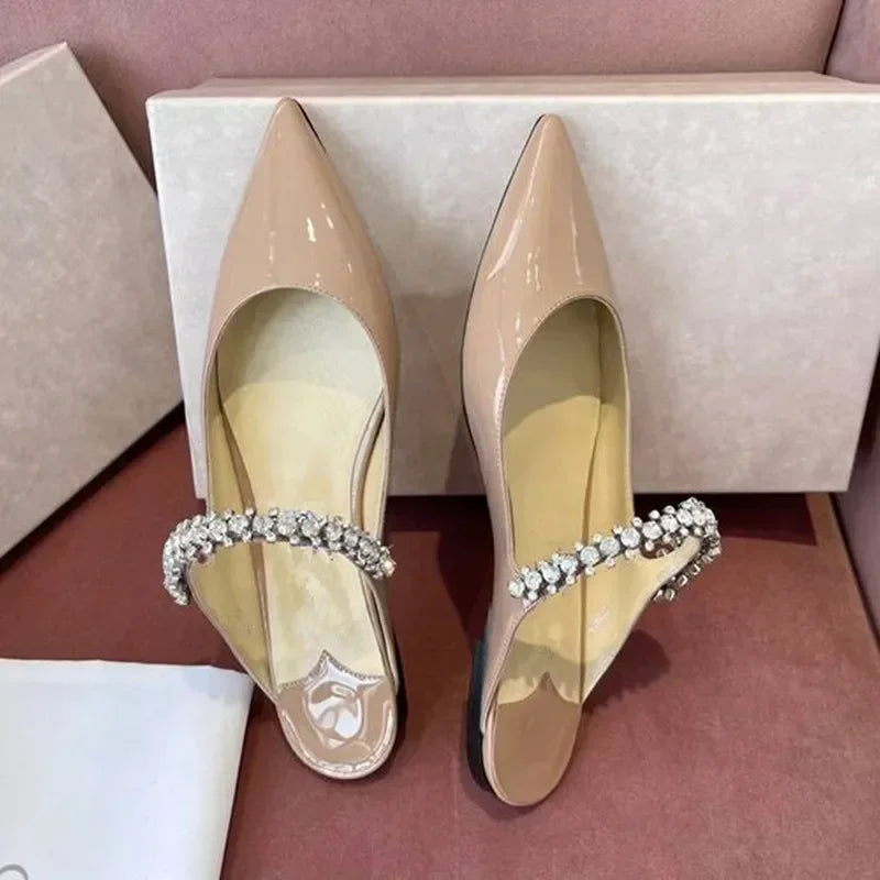 2025 New Fashionable Fine Heeled Muller Shoes with Pointed Water Diamond Chain Banquet