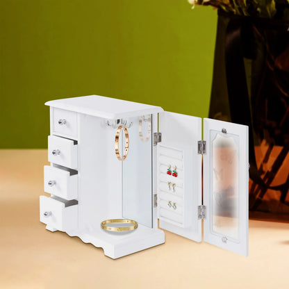 Jewelry Box with 4 Drawers Organizer and Built-in Necklace Carousel and Large Mirror, Jewelry Storage Box White