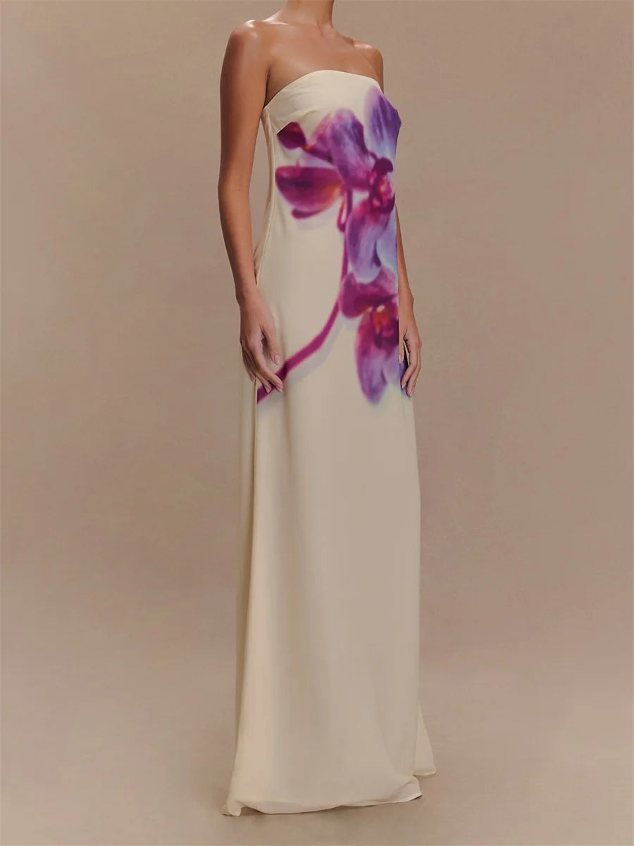 Women Long Dress Floral Print Tube Backless Casual Strapless Dress