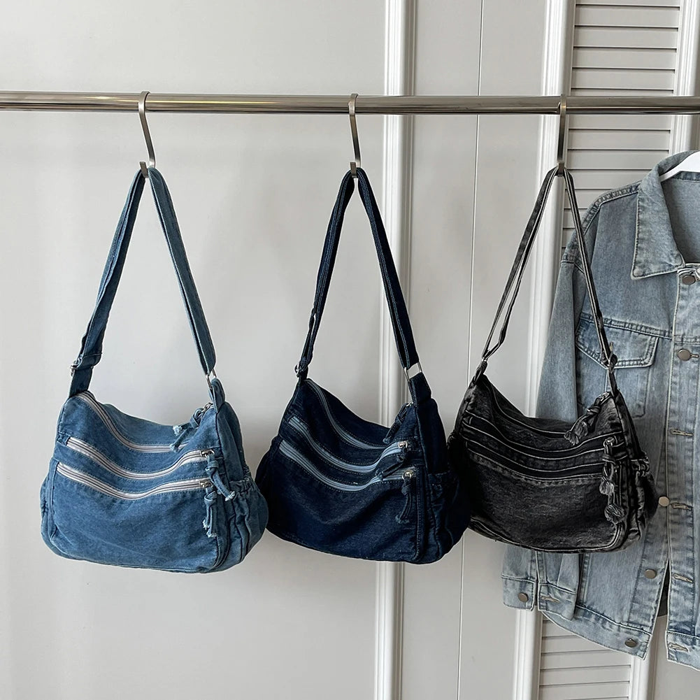 Women Casual Large Capacity Denim Messenger Bag Adjustable Strap
