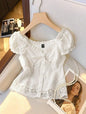 Women's Off-Shoulder Ruffled Lace Trim Cropped Blouse with Pearl Buttons