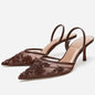 Brown String Bead Mesh Embroider Slingback High Heels Sexy Pointed Toe