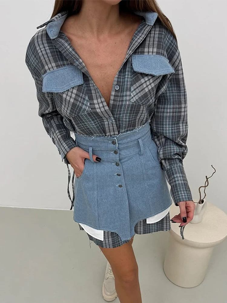 Lapel Color Blocked Shirt Waist Cinching Irregular Hem Short Skirt Set Woman Loose Long Plaid Shirt Patchwork Women Denim Suits