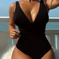 Contrast Mesh One Piece Swimsuit, V Neck Solid Color Backless Tummy Control High Cut Bathing Suit,