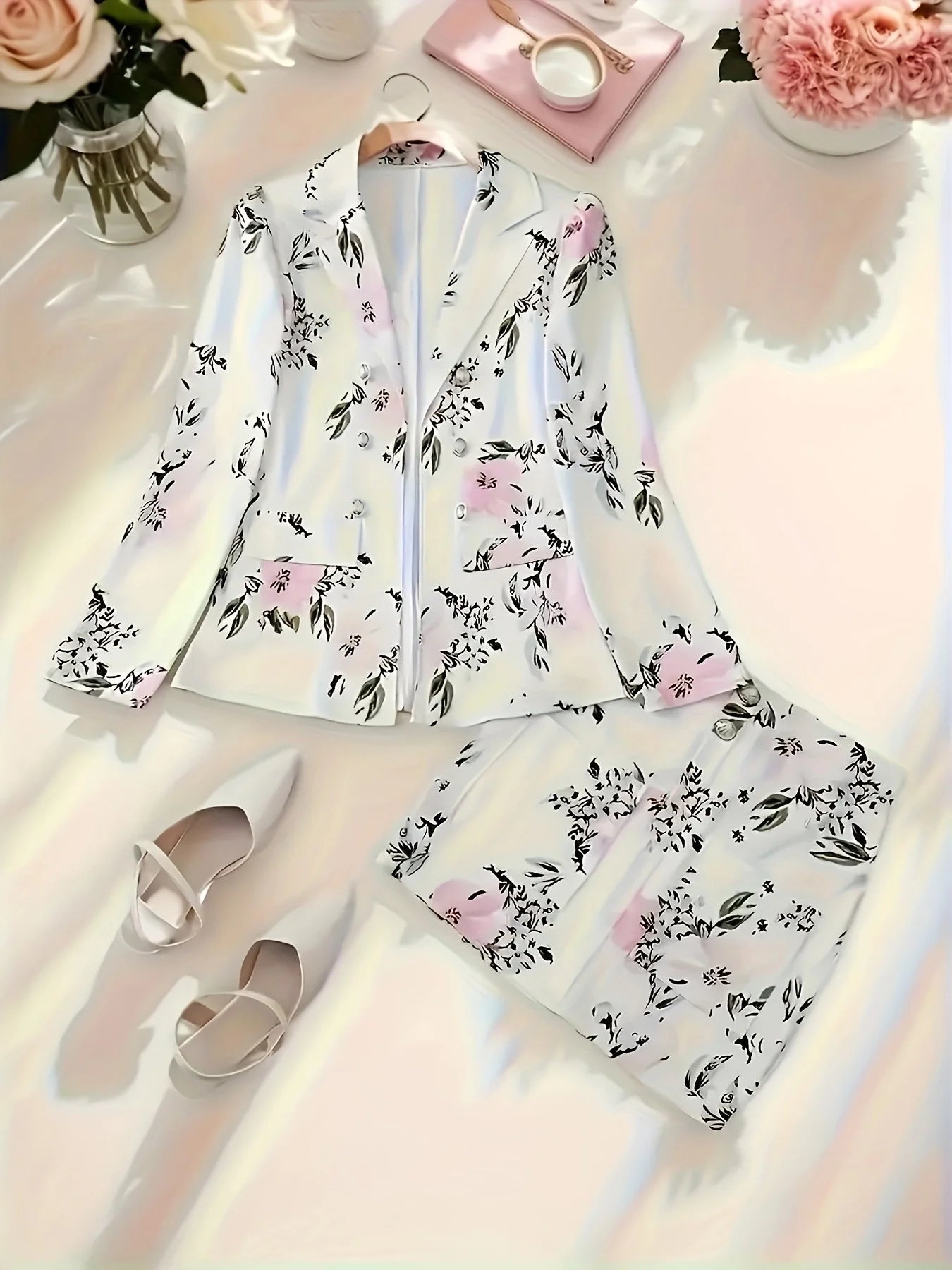 Women's Casual Two-Piece Suit Set, Long-Sleeved Flip-Top Double-Breasted Jacket and Mini Hip-Hugging Skirt