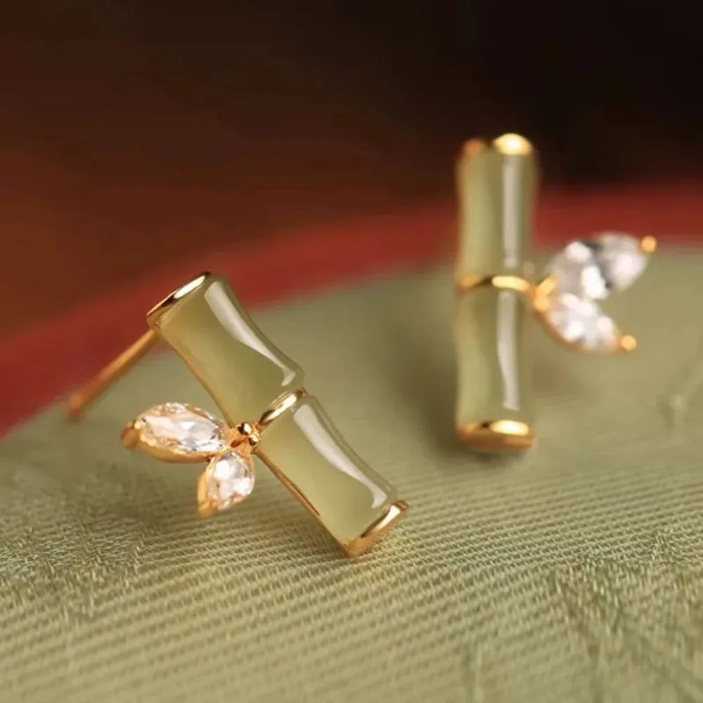 Vintage Ethnic Style Imitation Jade Bamboo Crystal Stud Earrings