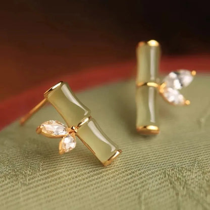 Vintage Ethnic Style Imitation Jade Bamboo Crystal Stud Earrings