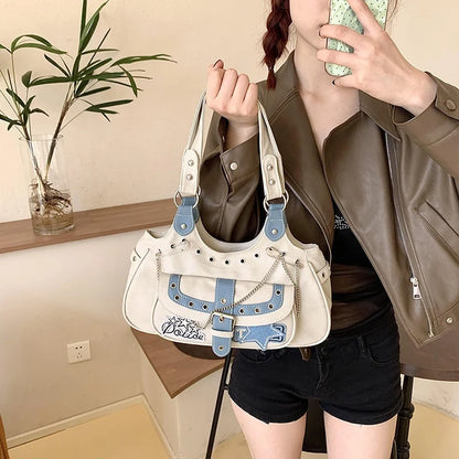 Gothic Punk Y2K One Shoulder Tote Bag, Harajuku Aesthetic Leather Patchwork Casual Handbag.