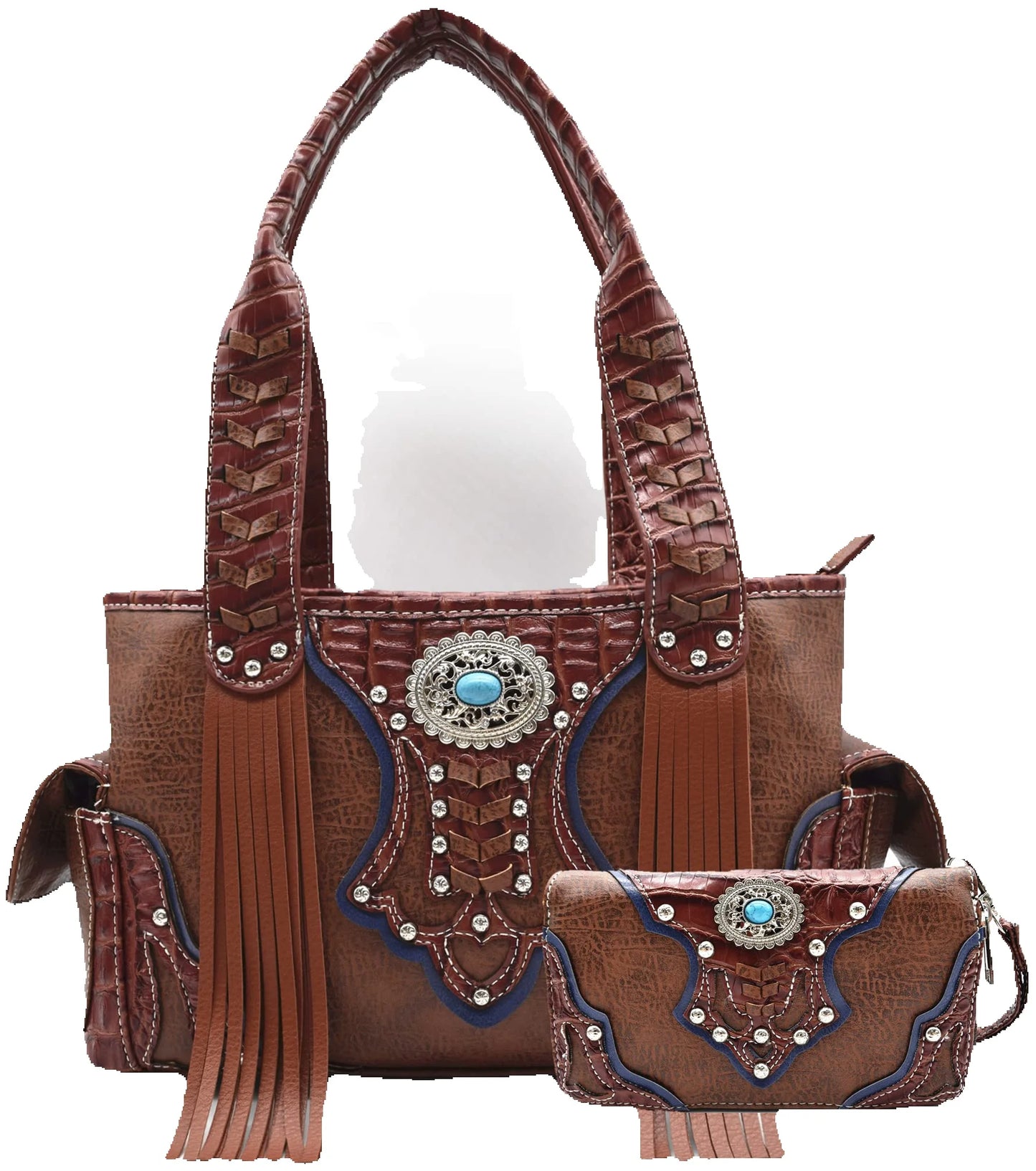Western Style Cowgirl Woven Fringe Crocodile Gorgeous Purse Conchos Women Handbag Shoulder Bags Wallet Set