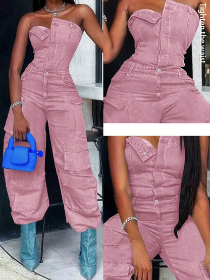 Olive Green Cargo Jumpsuit for Women, High Waist Wide Leg Denim with Multiple Pockets