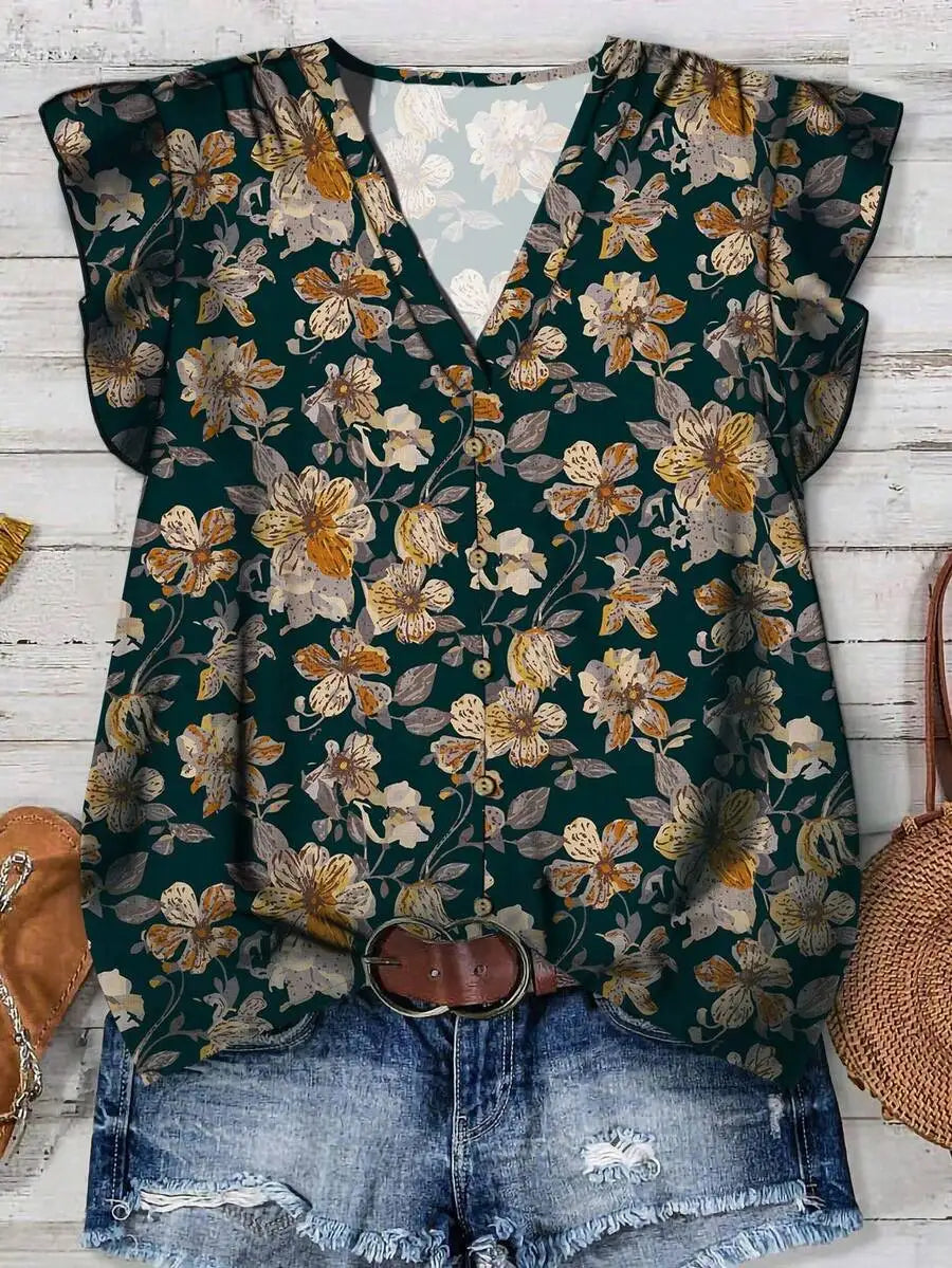 Women's V-Neck Floral Print Button-Up Blouse, Loose Fit, Lightweight