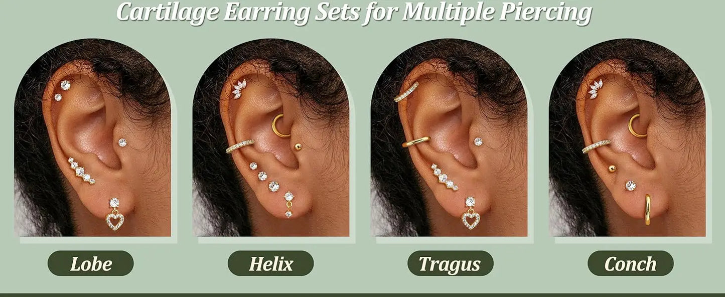 11 Pairs Flat Back Earrings for Women-20G Surgical Stainless Steel Stud and Hoop Earring