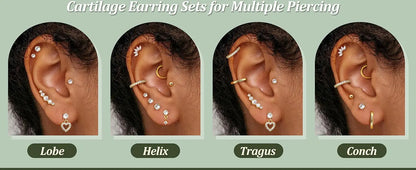 11 Pairs Flat Back Earrings for Women-20G Surgical Stainless Steel Stud and Hoop Earring
