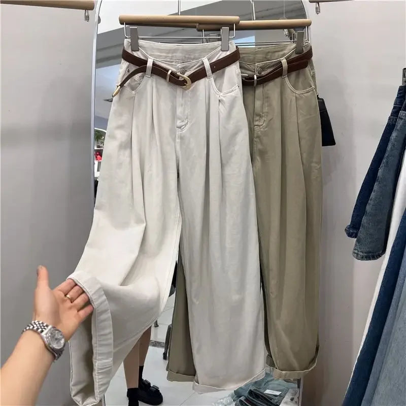 Khaki Color Women's High Waist Straight Leg Jeans Pear Shape Body Slimming Harlan Wide Leg Pant