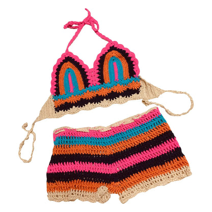 Summer Sexy Beach Vacation Bikini Split Color Striped Hand Crochet Knitted Swimsuit