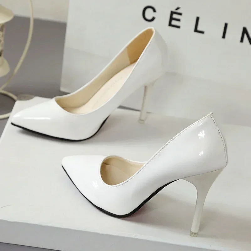 Nude Pumps Patent Leather Sexy Pointed Toe Thin Heel