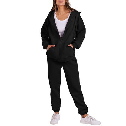 Women Long Sleeve Solid Color Hooded Sweatshirt and Pant