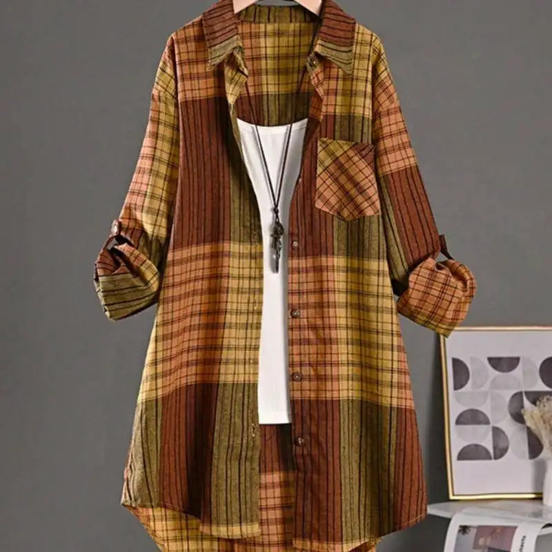 Plus Size Casual Retro Midi Women's Striped Plaid Loose Long Sleeve