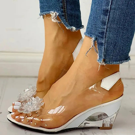 Female Shoes Leisure Transparent Crystal Diamond Slope Heel Sandals