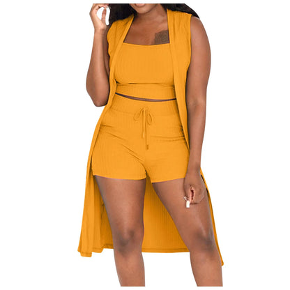 Solid Color 3 Piece Pants Set Casual Stretchy Ribbed Sleeveless Coat Vest And Shorts Suits