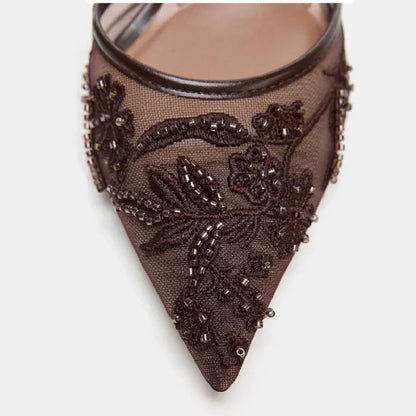 Brown String Bead Mesh Embroider Slingback High Heels Sexy Pointed Toe