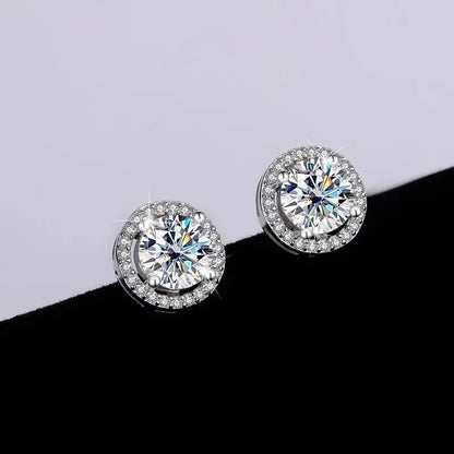 Silver Plated 925 Moissanite Stud Earrings 1 Carat Four-Prong Round Bezel Zircon