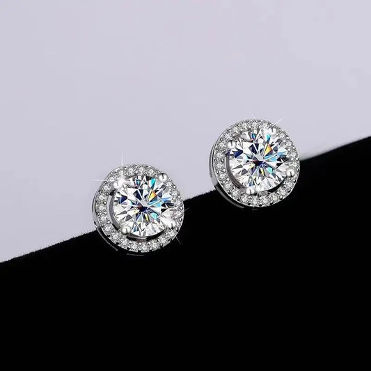 Silver Plated 925 Moissanite Stud Earrings 1 Carat Four-Prong Round Bezel Zircon
