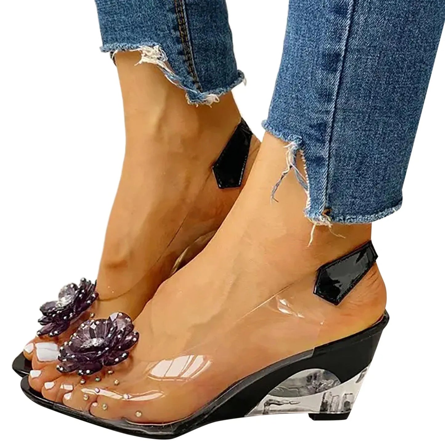 Female Shoes Leisure Transparent Crystal Diamond Slope Heel Sandals
