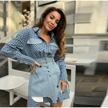 Lapel Color Blocked Shirt Waist Cinching Irregular Hem Short Skirt Set Woman Loose Long Plaid Shirt Patchwork Women Denim Suits